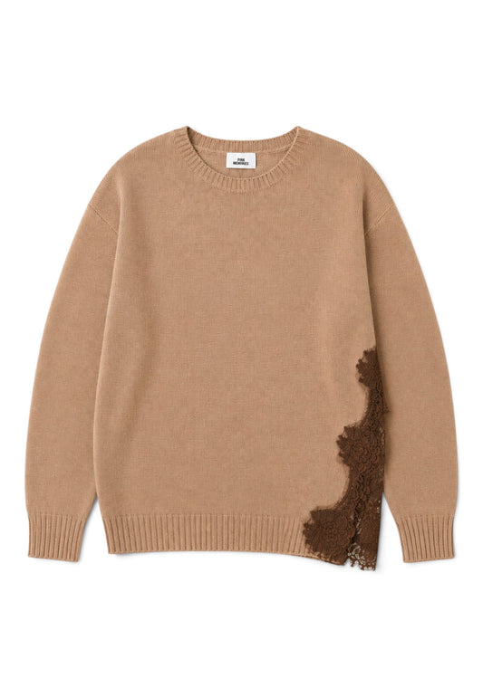 PINK MEMORIES - Maglione Girocollo Con Pizzo Cammello