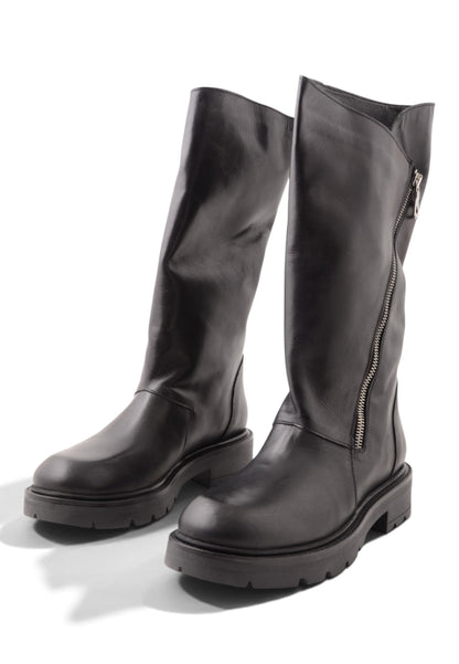 DIVINE FOLLIE - Stivale Biker In Vera Pelle Nero