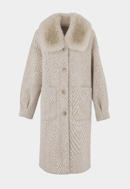 ALEX MAX - Faux Fur Collar Cream Coat