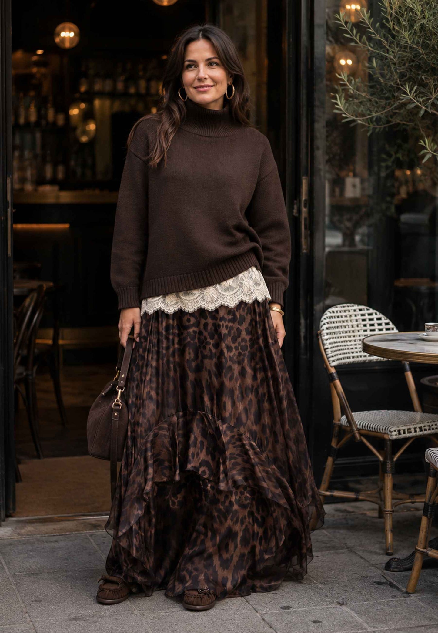 PINK MEMORIES - Maglione Dolcevita con Fondo in Pizzo Marrone