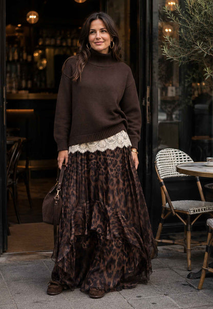 PINK MEMORIES - Maglione Dolcevita con Fondo in Pizzo Marrone