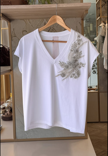 MINERVA - T- shirt Scollo V Con Strass Bianco