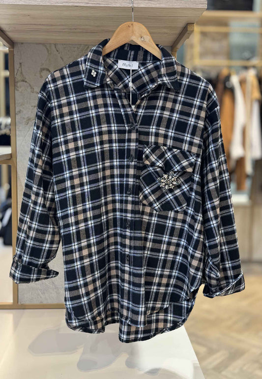 MOTEL - Camicia Check Con Spilla Nero