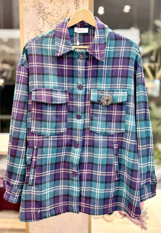 MOTEL - Camicia Over A Quadri Viola/Turchese