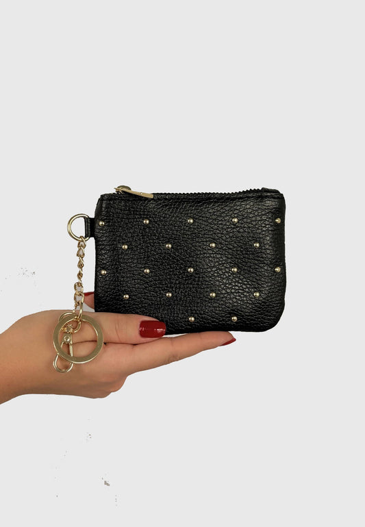 NUNZIA - Portafoglio Piccolo Borchie Oro VERA PELLE Nero