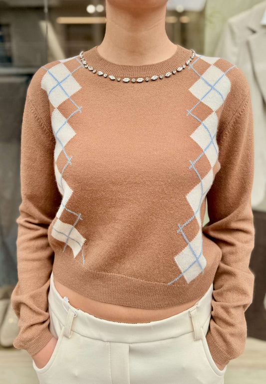 MOTEL - Pullover Crop Strass Cammello
