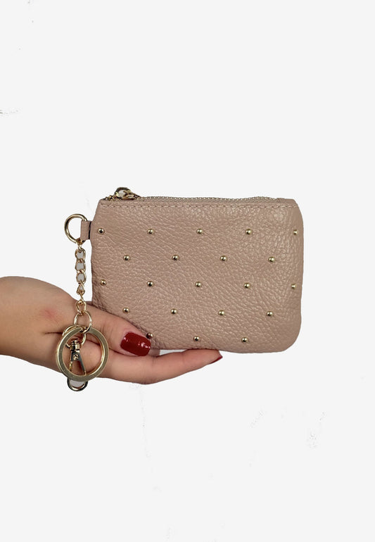 NUNZIA - Portafoglio Piccolo Borchie Oro VERA PELLE Nude