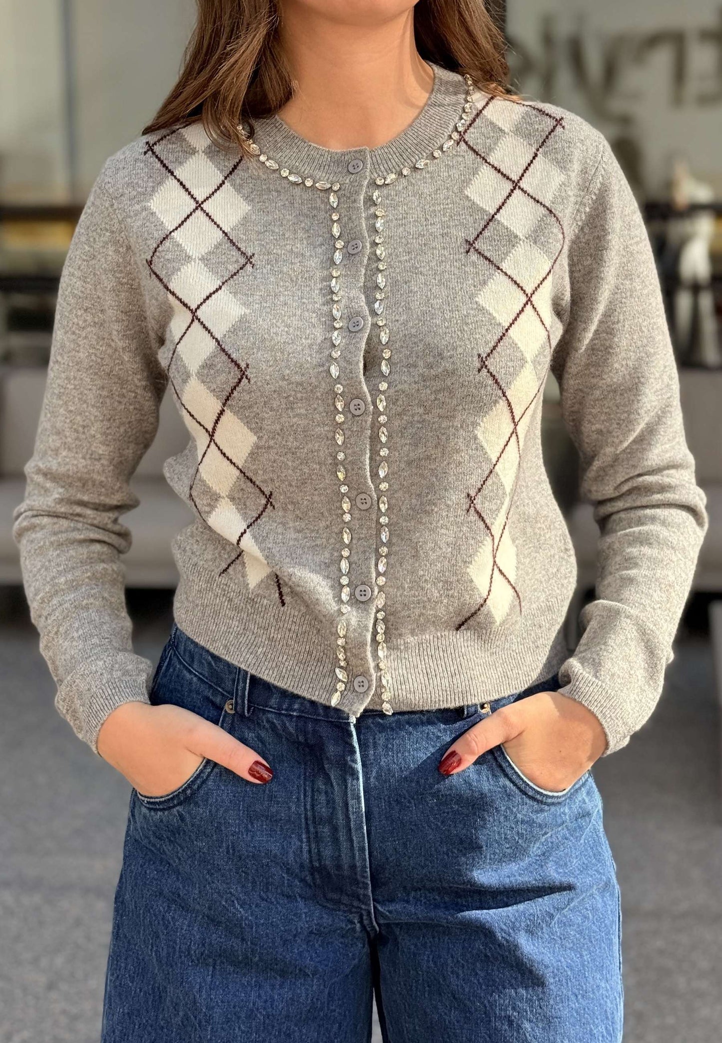 MOTEL - Cardigan Strass In Maglia Grigio