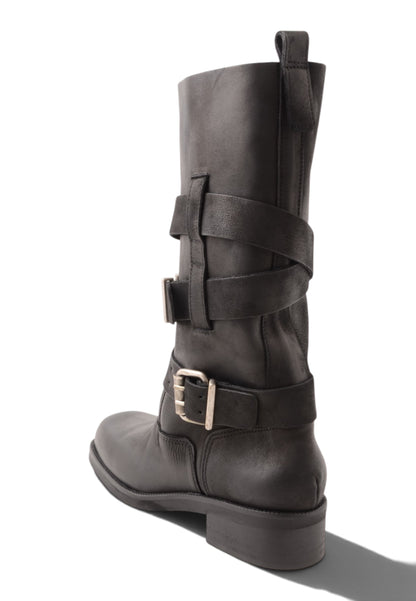 DIVINE FOLLIE - Stivali Biker in Vera Pelle con Fibbie Nero