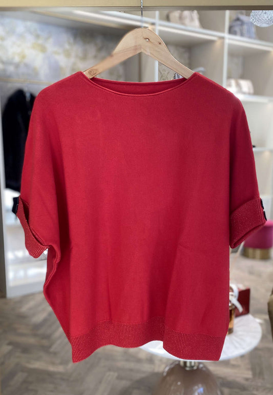 NUNZIA - Maglioncino Over Manica Corta Rosso