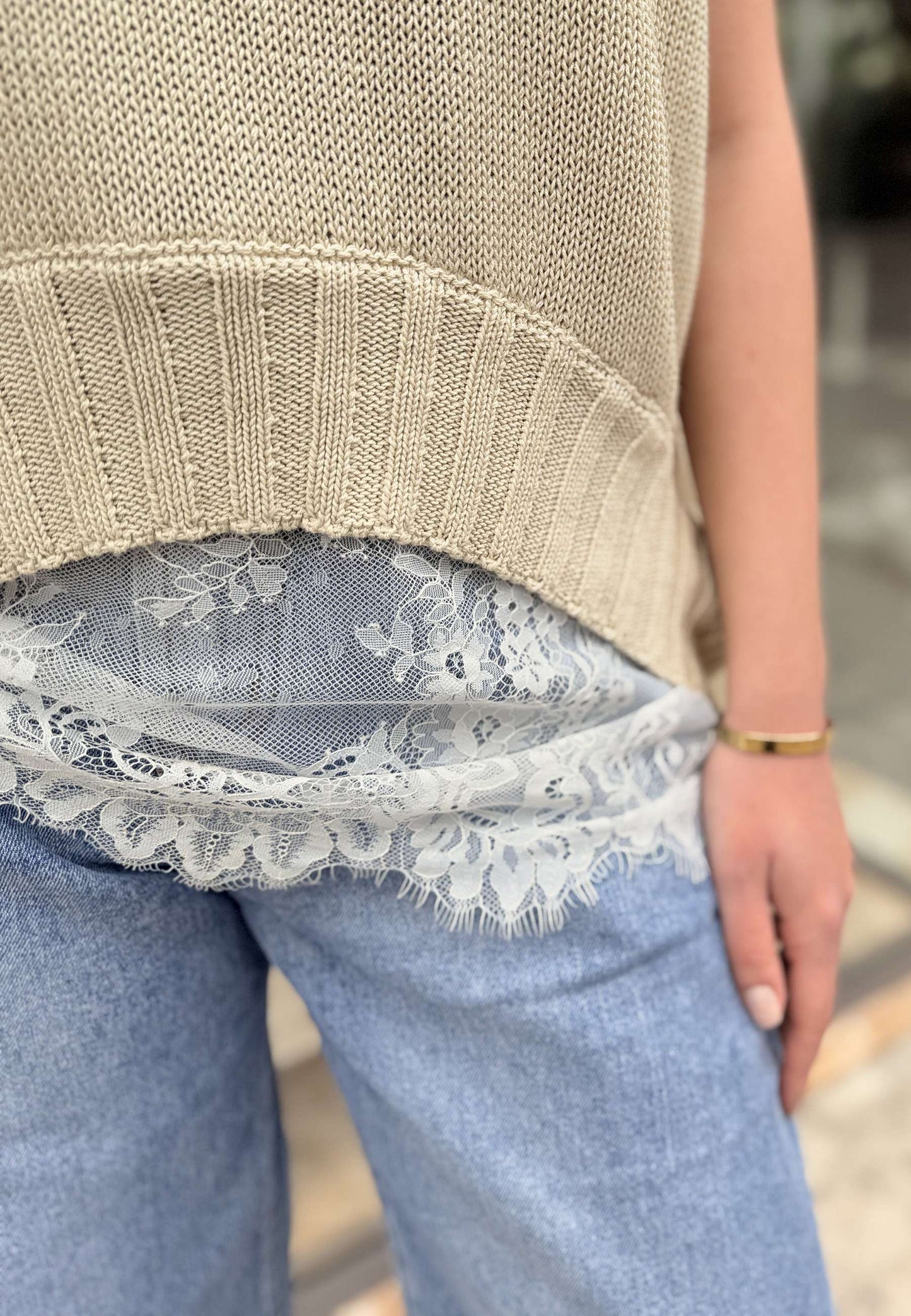 MARYLEY - Gilet In Maglia Con Pizzo Crema