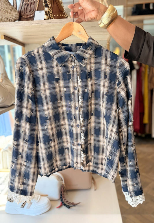 MOTEL - Camicia Corta In Check E Pizzo Blu