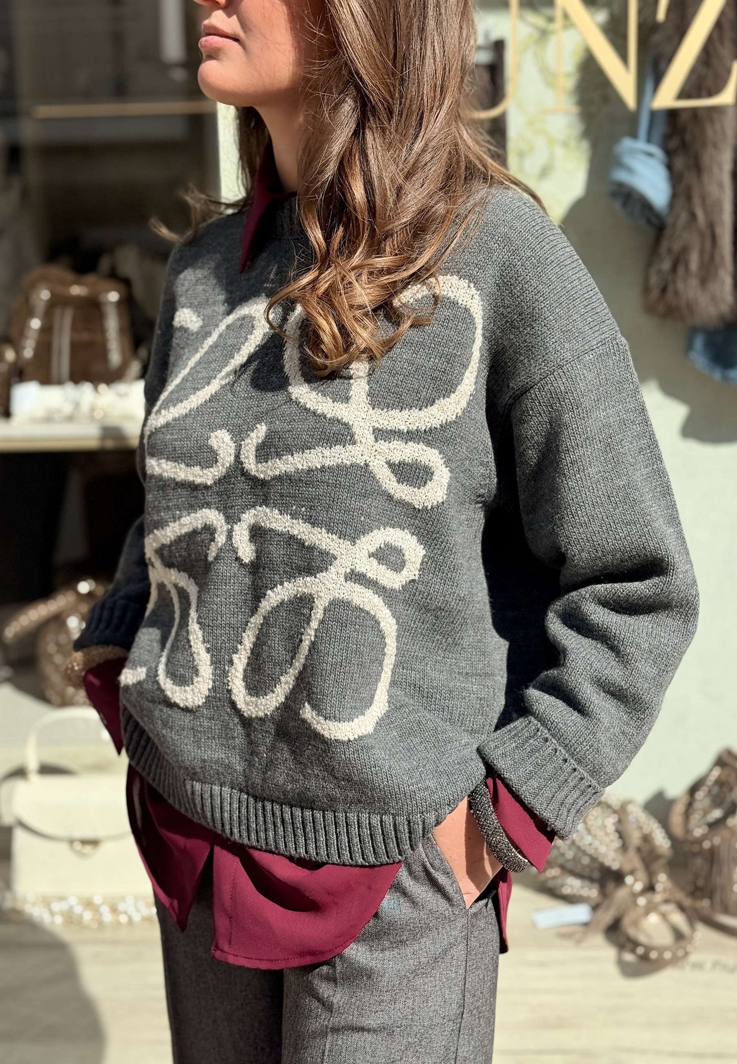 MOTEL - Pullover Disegno Girocollo Grigio