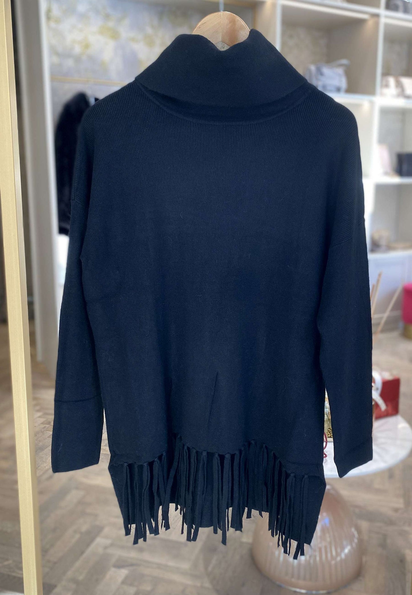 NUNZIA - Maglione Dolcevita Con Frange Nero