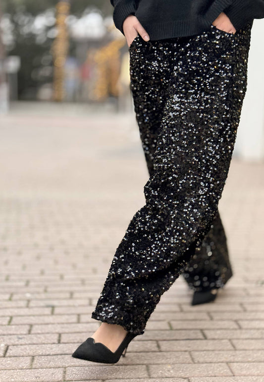 MOTEL - Pantalone Barrel Paillettes Nero