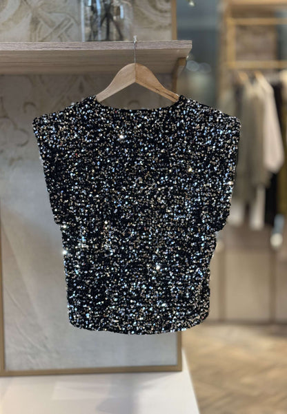 MOTEL- Canotta Spalla Larga In Paillettes Nero/Argento