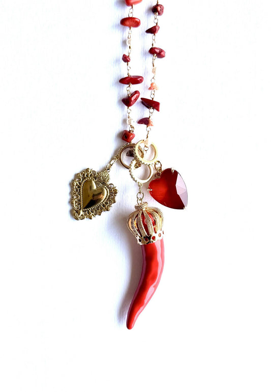 LARA11 - Collana Lunga Cornetti In Ceramica Rosso