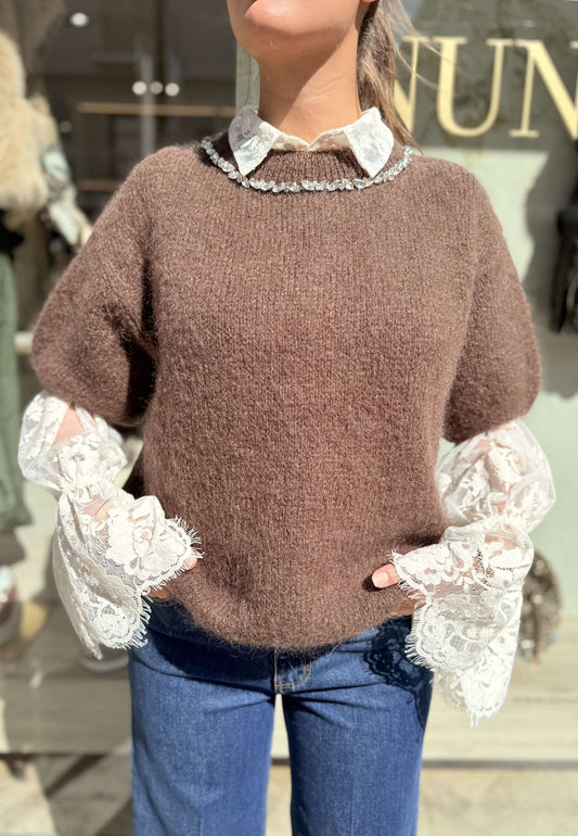 NUNZIA - Maglioncino Gioiello In Mohair Moro
