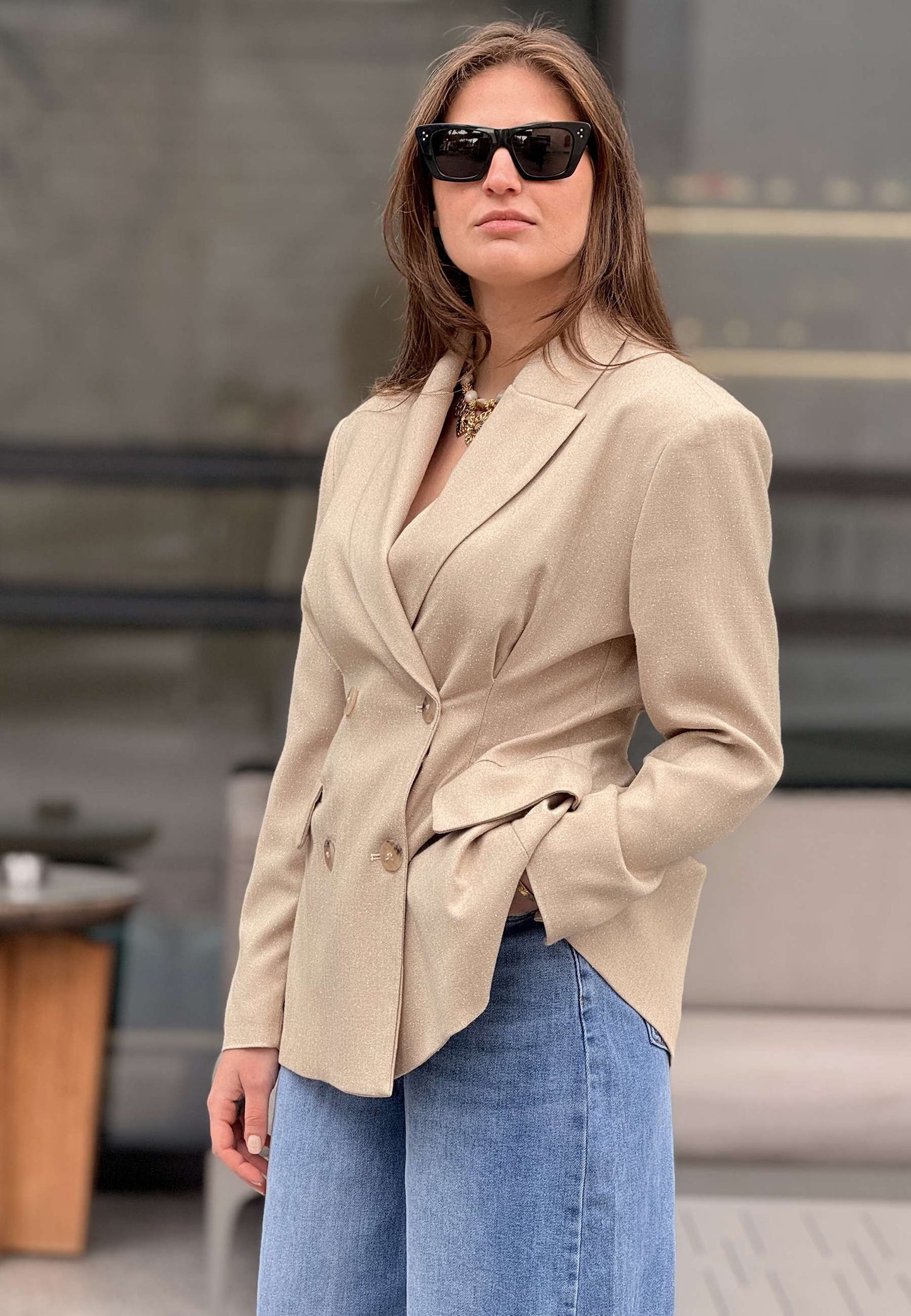MARYLEY - Blazer Doppiopetto Spinato Sabbia