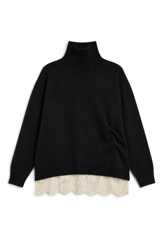 PINK MEMORIES - Maglione Dolcevita con Fondo in Pizzo Nero