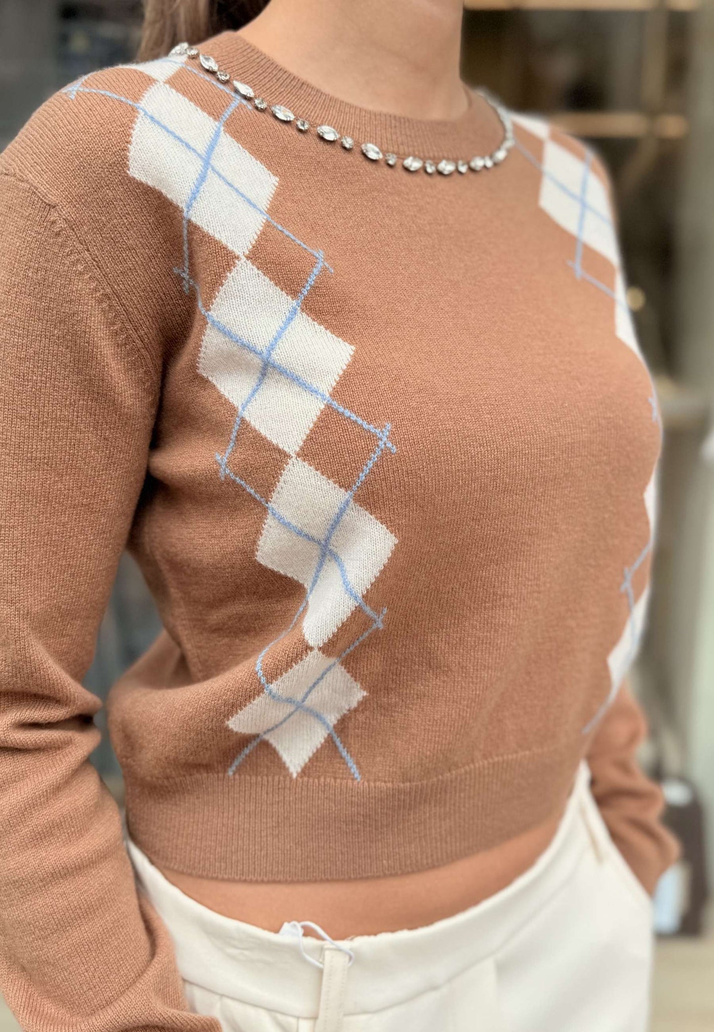 MOTEL - Pullover Crop Strass Cammello