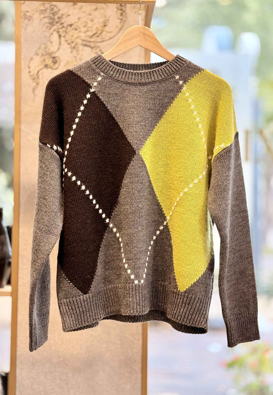 MOTEL - Pullover Rombi Grigio Lime