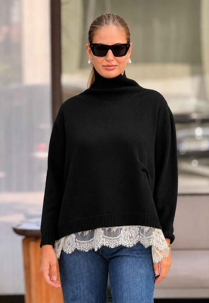 PINK MEMORIES - Maglione Dolcevita con Fondo in Pizzo Nero