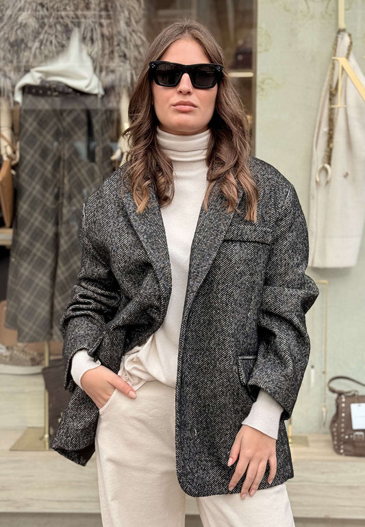 MARYLEY - Cappotto Corto Spinato Nero