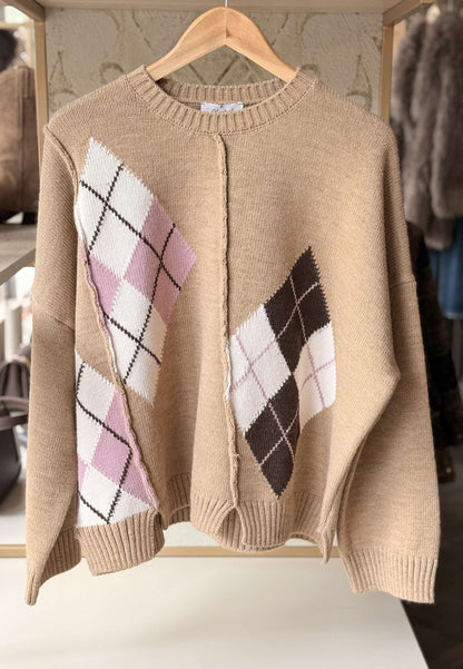 MOTEL - Pullover Rombi Girocollo Cammello