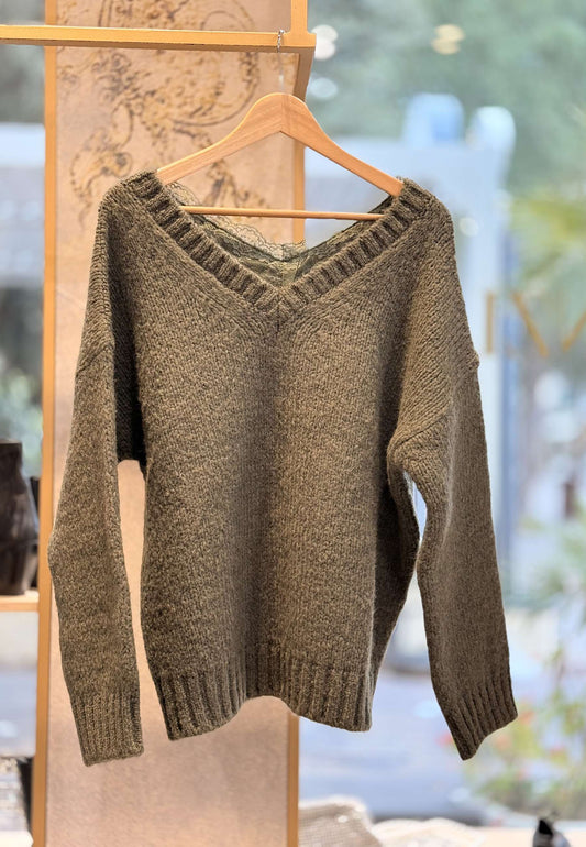 MOTEL - Pullover Scollo V Merletto Verde Oliva