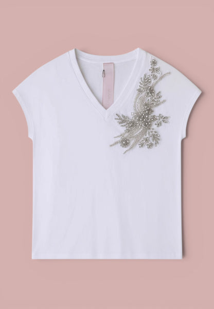 MINERVA - T- shirt Scollo V Con Strass Bianco