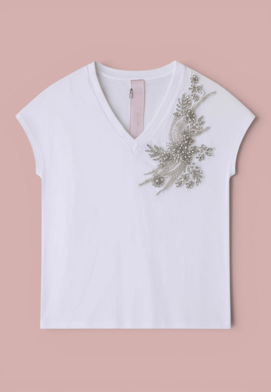 MINERVA - T- shirt Scollo V Con Strass Bianco