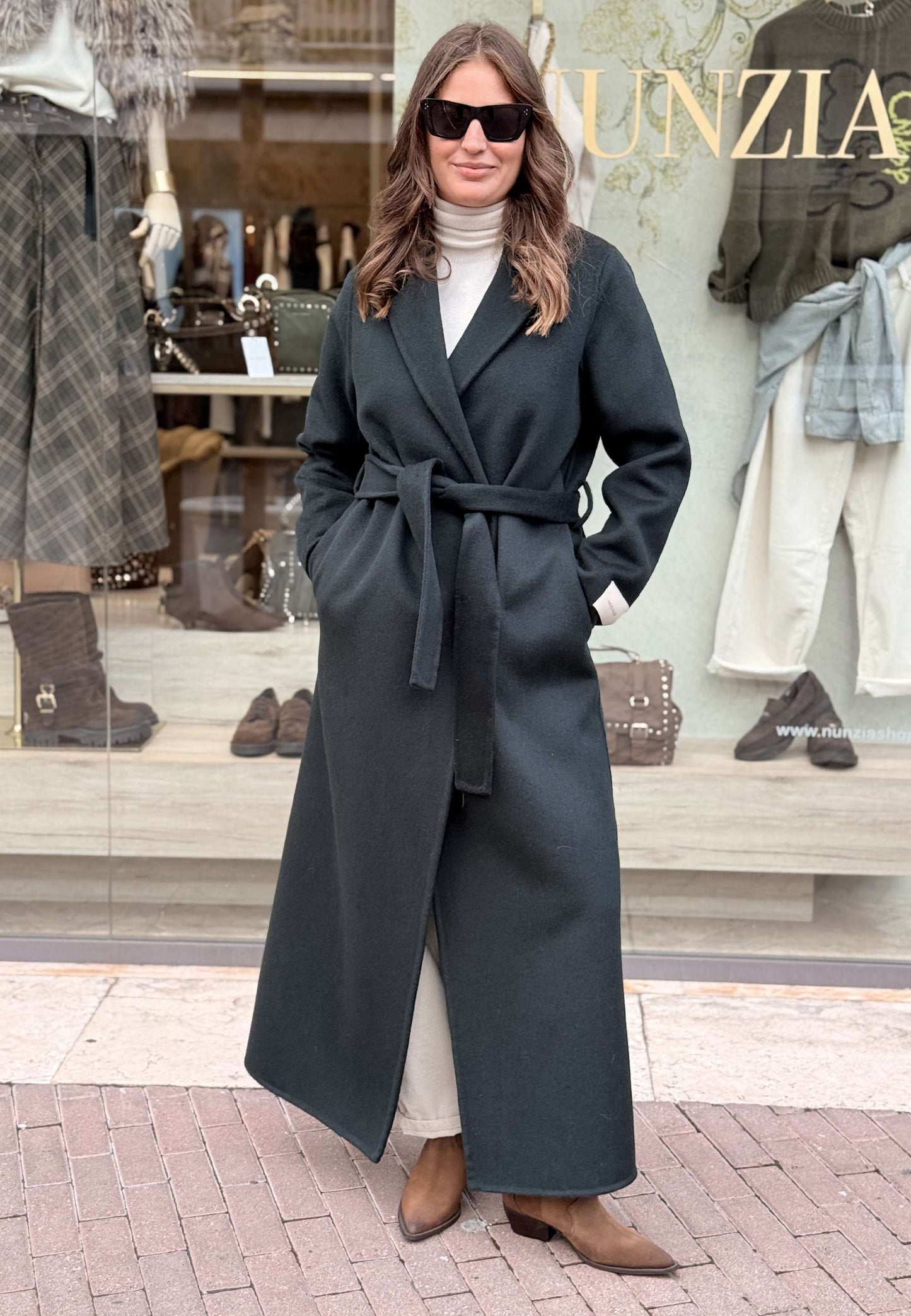 LE STREGHE - Cappotto Lungo In Lana Verde Bosco