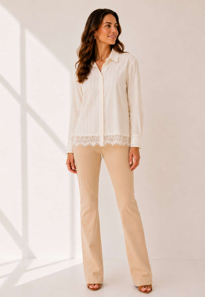 MINERVA - Camicia Rigata E Pizzo Beige