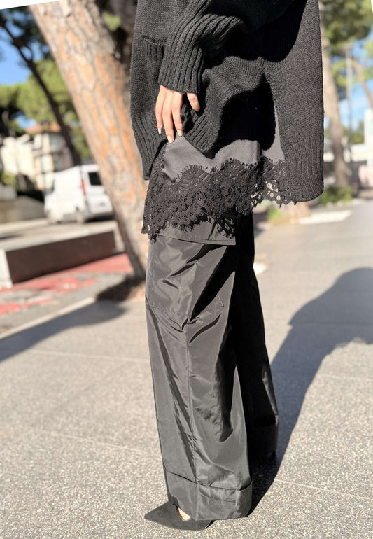LE STREGHE - Pantalone Cargo In Taffetà Nero