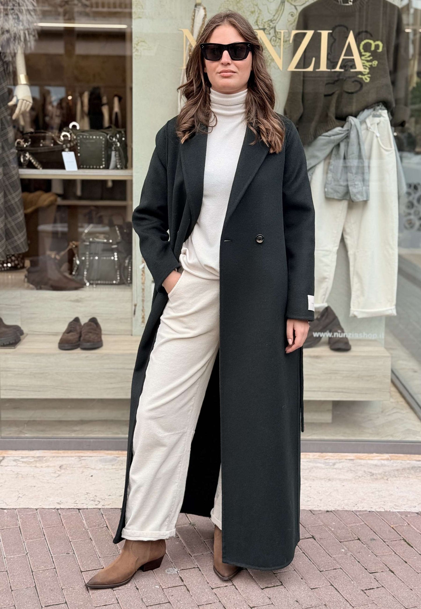 LE STREGHE - Cappotto Lungo In Lana Verde Bosco