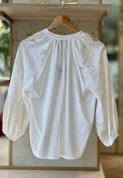 MOTEL - Camicia Righe Ricamo Bianco