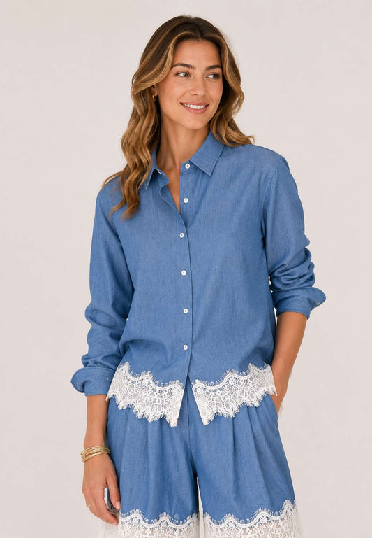 MINERVA - Camicia Manica Lunga Pizzo Chambrie
