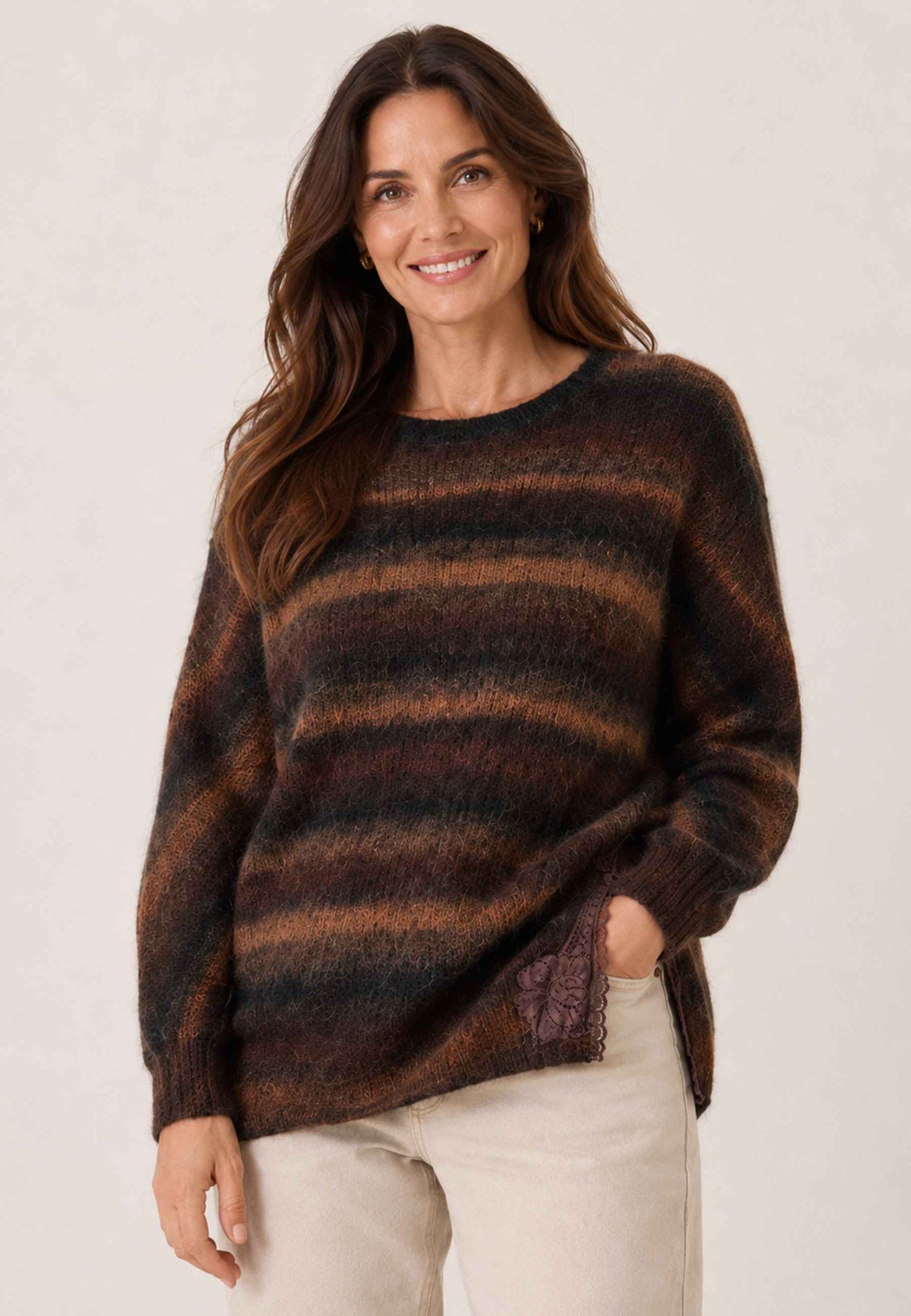 PINK MEMORIES - Maglione A Righe Con Pizzo Marrone