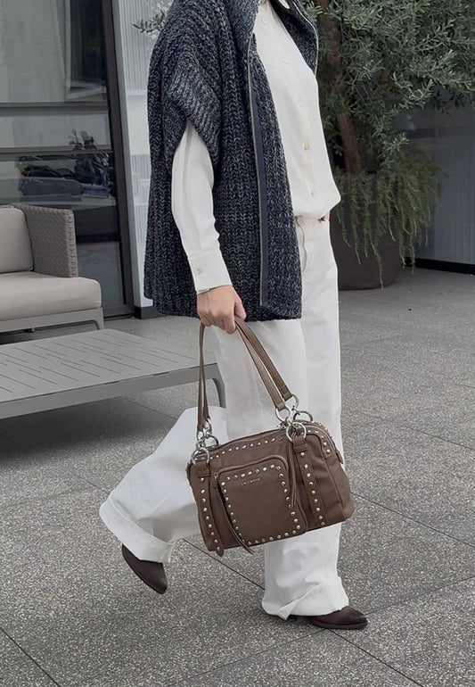LA CARRIE - Borsa A Spalla Dark Nylon Borchie Mocha