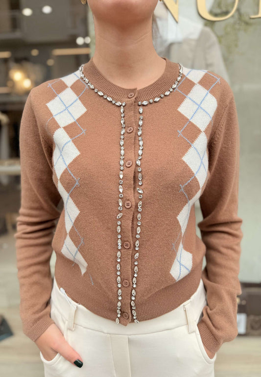 MOTEL - Cardigan Strass In Maglia Cammello