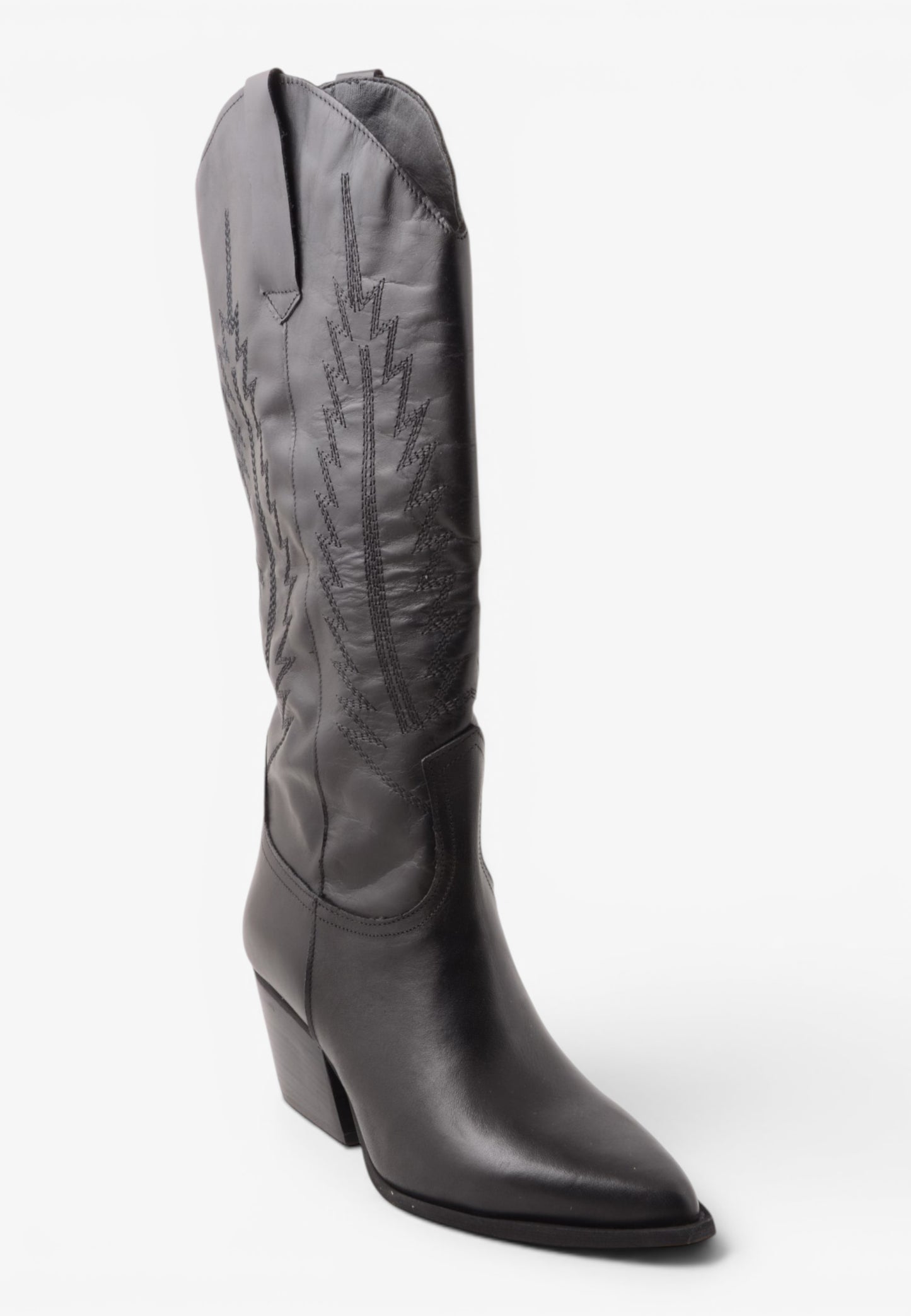 DIVINE FOLLIE - Stivale Camperos Alto in Pelle con Ricami Western Nero